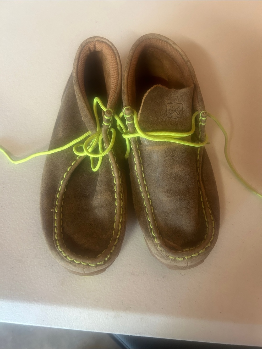 Twisted X Brown Suede Kids Moccasins with Neon Yellow Laces